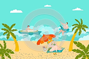 Summer rest on beach, people swimming and sunbathing, tropical palms and sand, ocean seaside flat vector illustration.