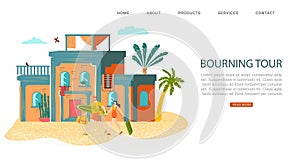 Summer rest, bourning tour inscription on website banner, hot vacation, tropical tourism, design cartoon style vector