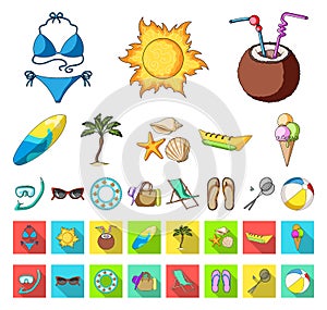 Summer rest cartoon,flat icons in set collection for design. Beach accessory vector symbol stock web illustration.