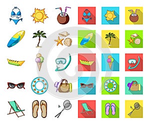 Summer rest cartoon,flat icons in set collection for design. Beach accessory vector symbol stock web illustration.