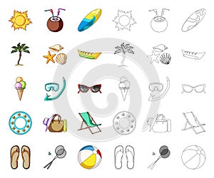 Summer rest cartoon,outline icons in set collection for design. Beach accessory vector symbol stock web illustration.