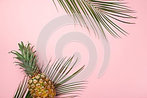 Summer rest concept. Top view photo of pineapple and palm leaves on isolated pastel pink background with copyspace