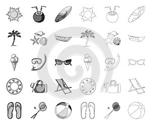 Summer rest mono,outline icons in set collection for design. Beach accessory vector symbol stock web illustration.