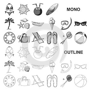 Summer rest monochrom icons in set collection for design. Beach accessory vector symbol stock web illustration.