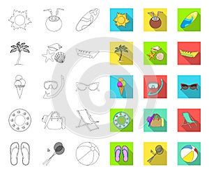 Summer rest outline,flat icons in set collection for design. Beach accessory vector symbol stock web illustration.