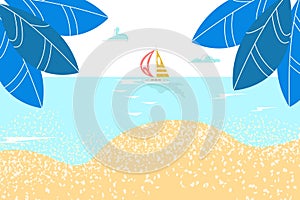 Summer rest, sea landskape, paradise sandy shore, sunny tropical sky, quiet bay, ocean vacation, cartoon style vector