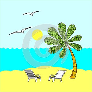 Summer rest. Sunny day. Two deck chairs under the palm tree. Warm sea. Concept of relaxation. Vector illustration