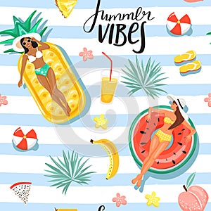 Summer rest and vacation collage. Seamless pattern with beautiful women floating on various inflatable rings in swimming pool.