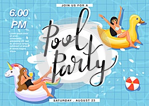 Summer rest and vacation. Pool party invitation. Women sunbathing on inflatable ring in swimming pool.