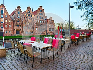 Summer restaurant at Trave river in the old town Lubeck