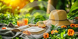 Summer retreat with a refreshing drink, fruits, and a book on a wooden table in a tropical setting