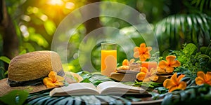 Summer retreat with a refreshing drink, fruits, and a book on a wooden table in a tropical setting