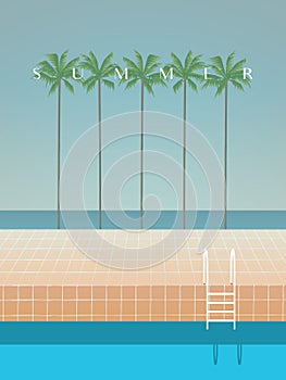 Summer retro artistic minimalistic vector poster template with palms, sea, beach, swimming pool and jump.