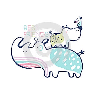 Summer rhinoceros, hippopotamus, toucan tropical t-shirt print. Beach vacation kids design, savannah nursery poster.