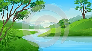 Summer river or lake with mountain landscape cartoon illustration