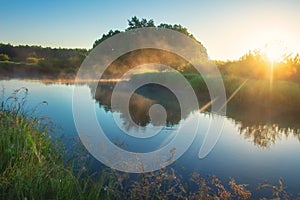 Summer river. Morning nature landscape with bright sun. Scenery sunrise over river. Beautiful calm nature background