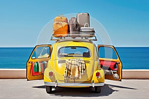 Summer Road Trip Adventure: Packed Retro Car with Family and Friends, Luggage and Beach Gear, Against Vivid Blue Sky and Ocean