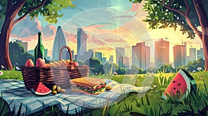 Summer romantic cityscape with urban skyscrapers view and picnic basket in a city park. Sandwiches, eggs, watermelon