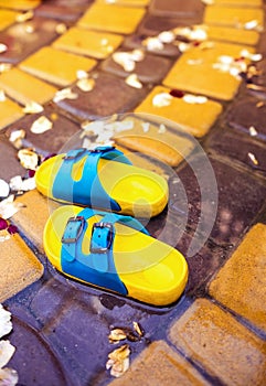 Summer rubber slippers that the child left.