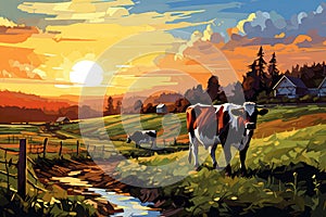 Summer Rural Landscape With Cows, Farm, And Sunrise Over Hills Illustration. Generative AI