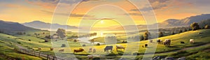Summer Rural Landscape With Cows, Farm, And Sunrise Over Hills. Panoramic Banner. Generative AI