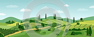 Summer rural landscape flat vector illustration. Italian scene with green hills and fields