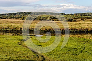 Summer rural landscape with green meadows and small river