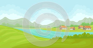 Summer rural landscape with houses and river, field with green grass, agriculture and farming vector Illustration on a