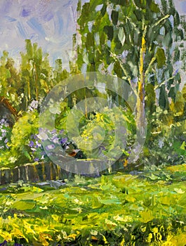 Summer rural landscape painting with oil. Fragment of painting. Sunny rural landscape, sunny green trees, flowering grass, lilac b