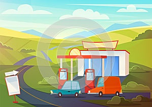 Summer Rural Landscape Scene with Gas Station, Hills and Sky. Oil, Petrol Fueling with Cartoon Cars