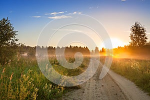 Summer rural landscape with sunrise , fog and the road