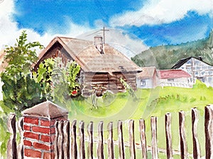 Summer rural landscape. Wooden house and  fence with green garden in the yard