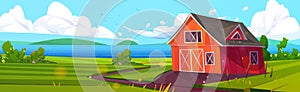 Summer rural scene with field, farm barn and river