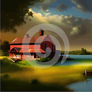 Summer rural scene with green agriculture fields, farmhouse and lake. Vector