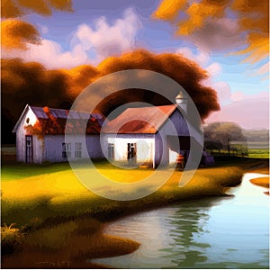 Summer rural scene with green agriculture fields, farmhouse and lake. Vector