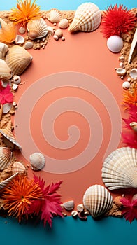 Summer\'s message Blank card on colored background with seashell frame, text space