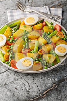 Summer salad with potatoes, green peas, asparagus, boiled egg and tomato closeup on the plate. Vertical