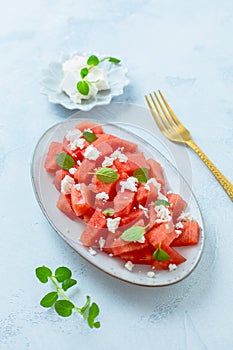 Summer salad with watermelon, feta cheese and mint