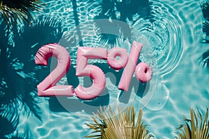 Summer sale 25 percent discount. Overhead view of a swimming pool with inflatable pool floats