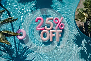 Summer sale 25 percent discount. Overhead view of a swimming pool with inflatable pool floats