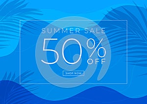 Summer sale 50% off banner template design. Swimming pool with palm leaves shadow top view background.