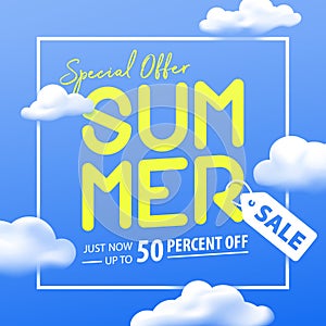 Summer sale 50 percent off promotion square website banner heading design on graphic blue sky & cloud background vector for banner