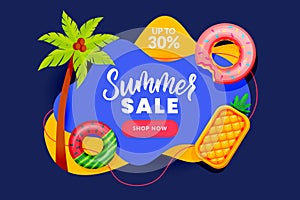 Summer sale abstract banner design. Inflatable floating toys and palm tree, vector illustration. Season discount poster