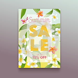 Summer Sale Ad Poster with Exotic Tropical Plumeria Flowers and Palm Leaves. Promotional Banner photo