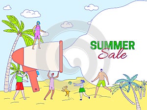 Summer sale announcement concept, people vacation on beach, happy family vector illustration