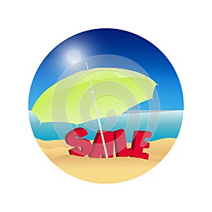 Summer sale background. Beach, sun umbrella, and sea.