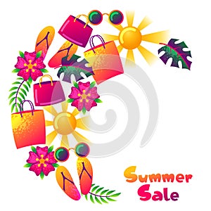 Summer sale background with colorful elements. Sun, palm leaves and shopping bags