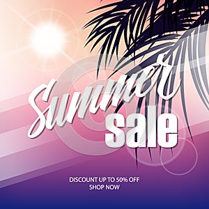 Summer Sale background with hand lettering and palm leaves for business, promotion and commerce.