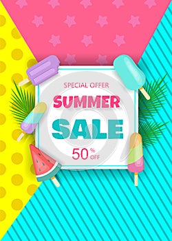 Summer sale background. Hello summer design for backgrounds, banners, posters, advertising campaigns, covers, party invitations.