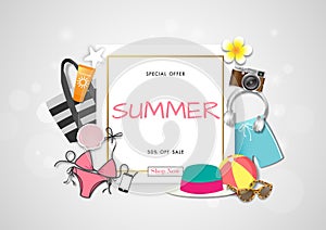 Summer sale background with paper art of summer accessories, vector illustration template, banners